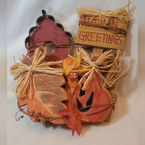 Autumn Harvest Wood Wall Hanging Handcrafted Leaf Pumpkin
